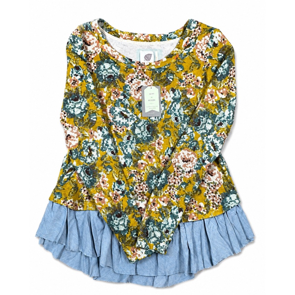 Anthropologie Lilka Floral Knit Top Chambray Ruffle Hem Long Sleeve Size S NWT - Picture 4 of 8